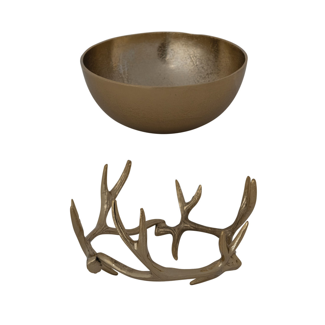 Cast aluminum antler shaped stand with a matching round removable bowl in a bronze finish.