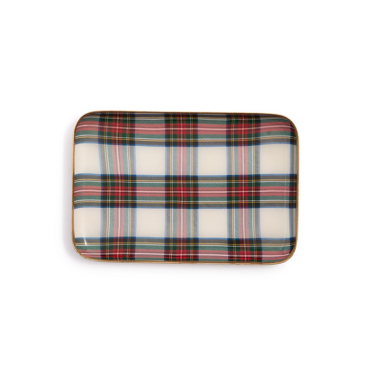 Rectangular metal tray with a white, red, and green tartan plaid pattern and gold rim.