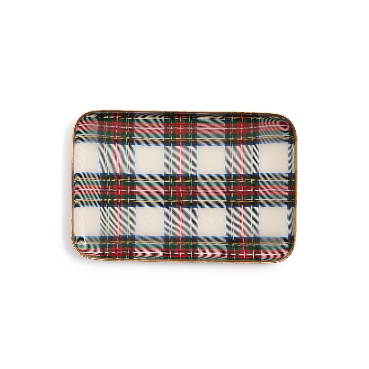 Rectangular metal tray with a white, red, and green tartan plaid pattern and gold rim.