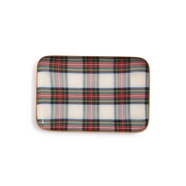 Rectangular metal tray with a white, red, and green tartan plaid pattern and gold rim.