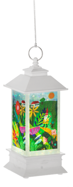 Multi-colored LED light-up whimsy gnome lantern with shimmering finish.