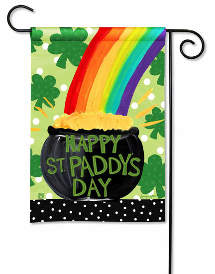 Garden flag with a pot of gold and rainbow for St. Paddy's Day, shamrocks and polka dots.