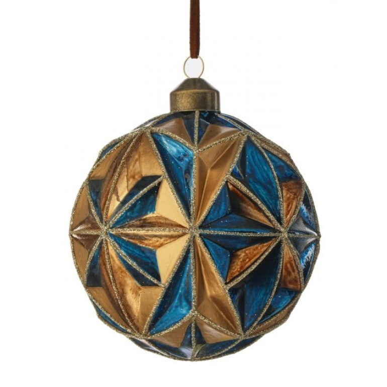 Four-inch glass starburst ball ornament with a reflective faceted surface.