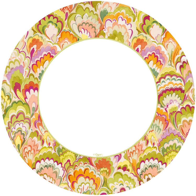 Marbled Ceramica Raspberry & Chartreuse round paper dinner plate with a colorful scalloped pattern.