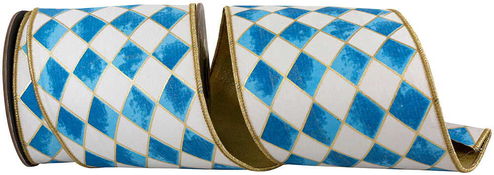 4 inch cobalt blue and white harlequin diamond ribbon with gilded gold deluxe outlines.