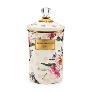 Pink Wildflowers canister with hand-glazed steel body, bronzed stainless rim, and brass accents.