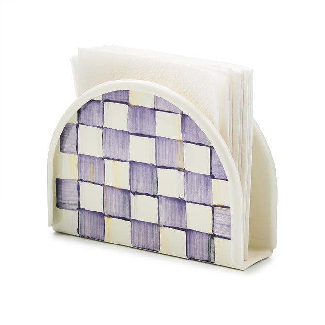 Violet check napkin holder with a rectangular shape measuring two inches wide by six inches long.