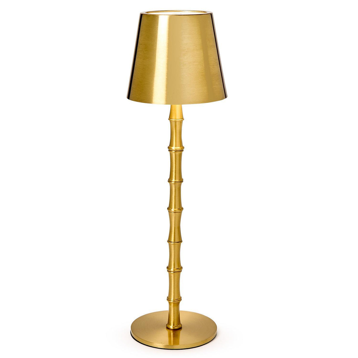 Cordless bamboo lamp with metal base featuring warm white LED light in gift box packaging