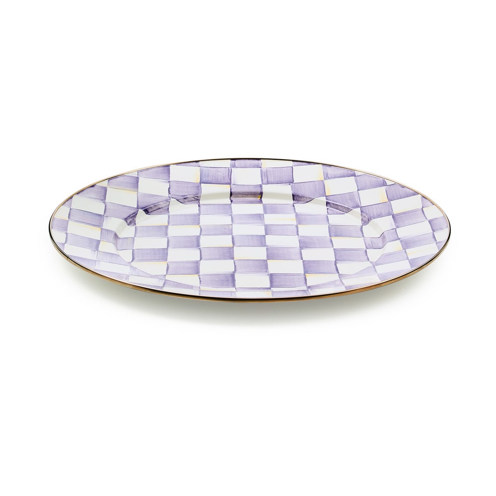 Hand-painted violet check platter with bronzed stainless steel rim on heavy-gauge steel.