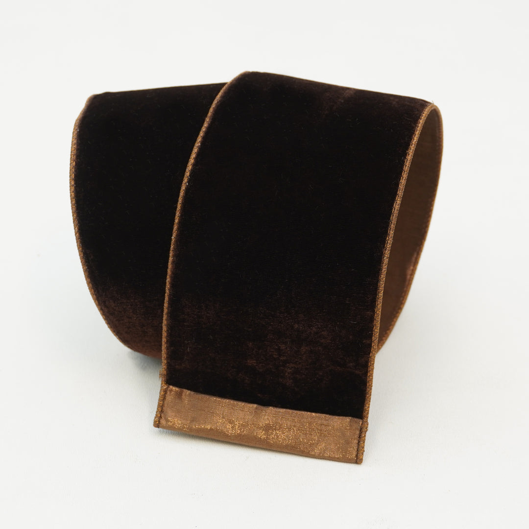 Brown Velvet Luster Ribbon with a metallic wired edge, coiled on a white background.