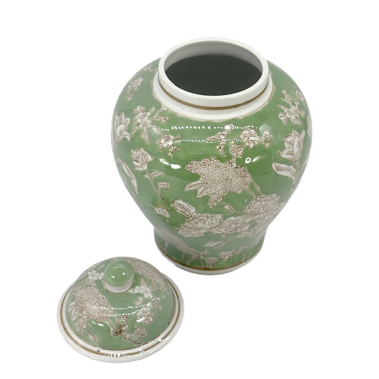 12-inch green and white ceramic ginger jar with floral peony pattern and matching lid.
