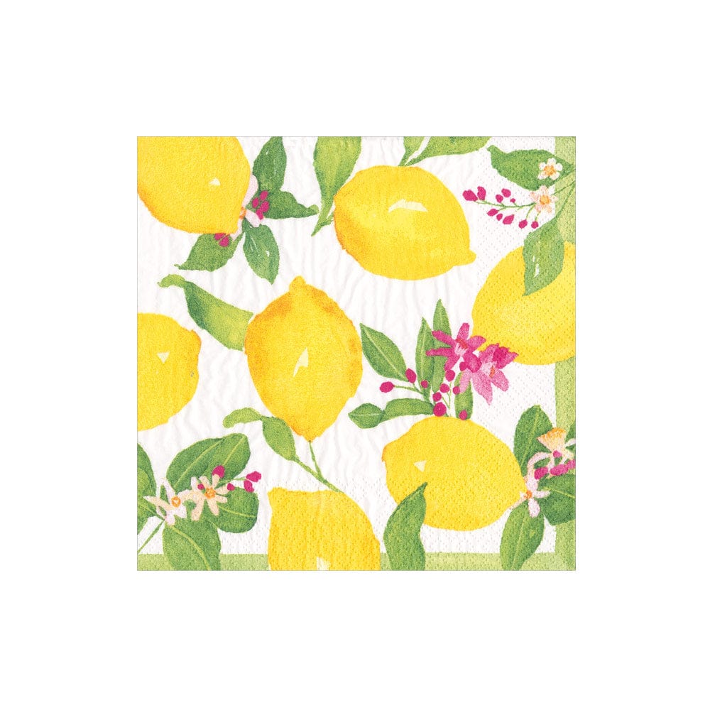 Triple-ply paper cocktail napkins with a printed lemon slice pattern on a pale yellow background.