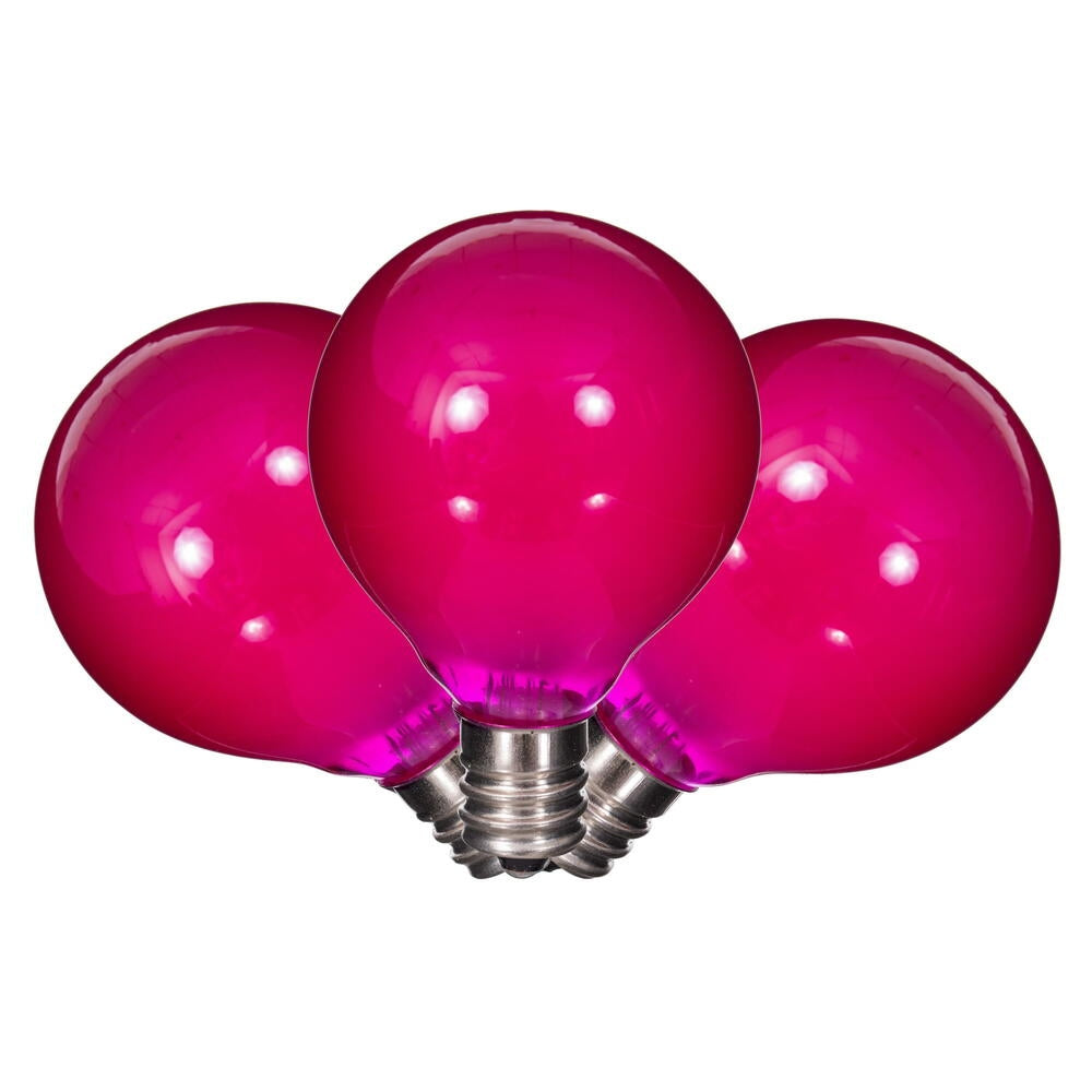 Three pink G40 LED filament glass replacement bulbs with silver bases.