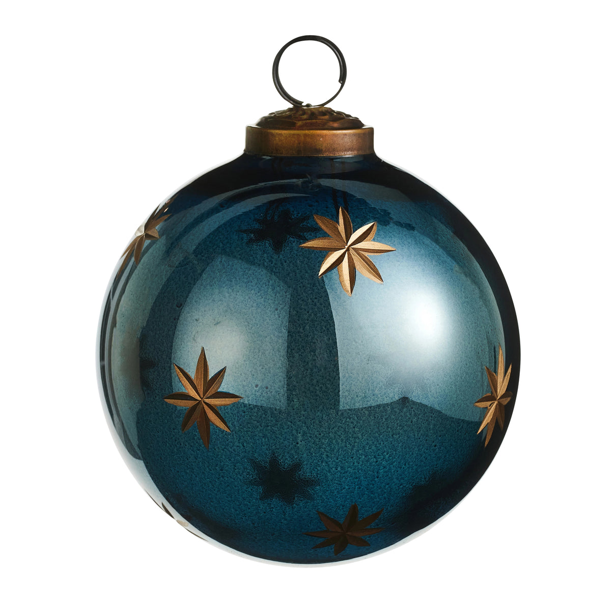 4-inch blue glass ball ornament with etched gold star patterns and a bronze-colored cap.