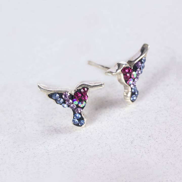Sterling silver hummingbird post earrings featuring Austrian crystals in a detailed pattern.