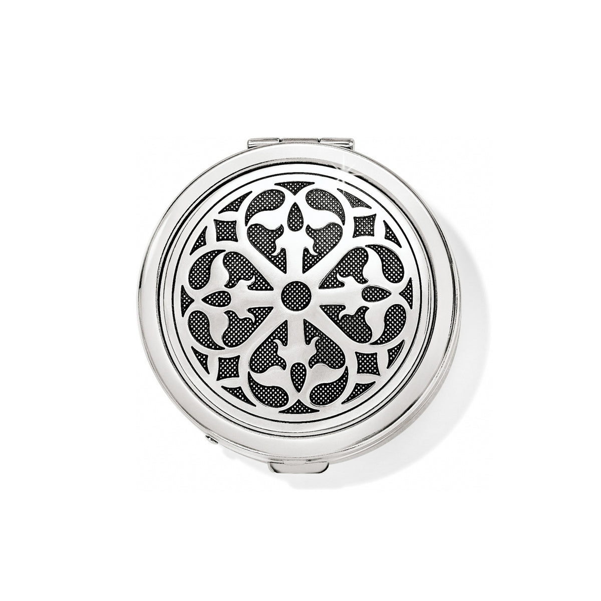 Silver-plated Ferrara Pill Box with a circular rose window motif and pressure retractable closure.