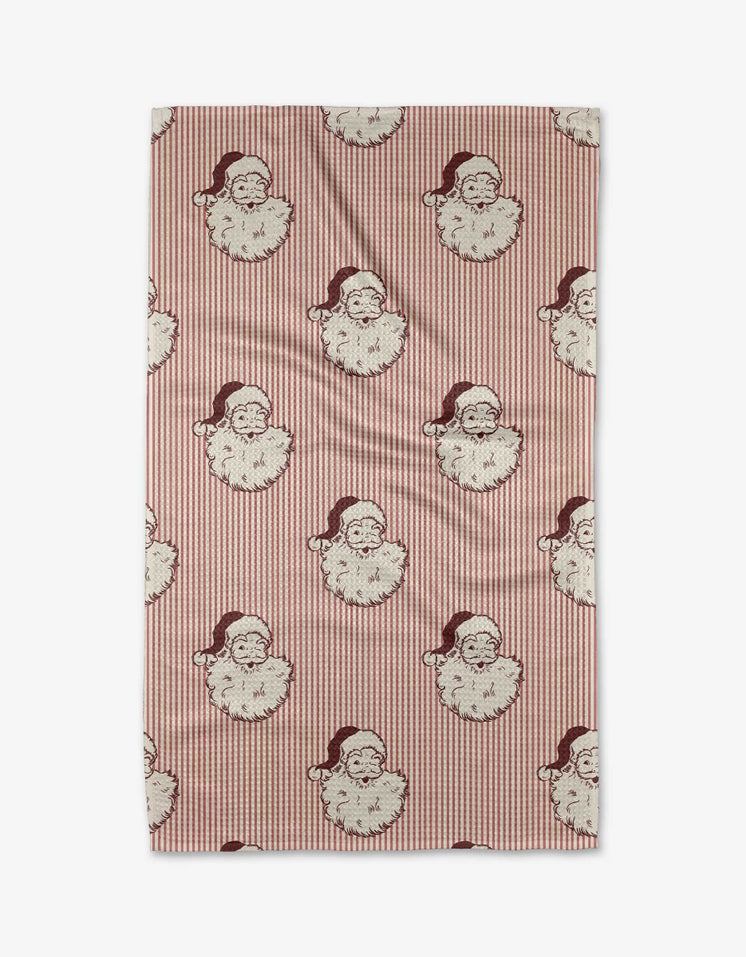 Recycled polyester waffle weave kitchen tea towel with single-sided holiday print.