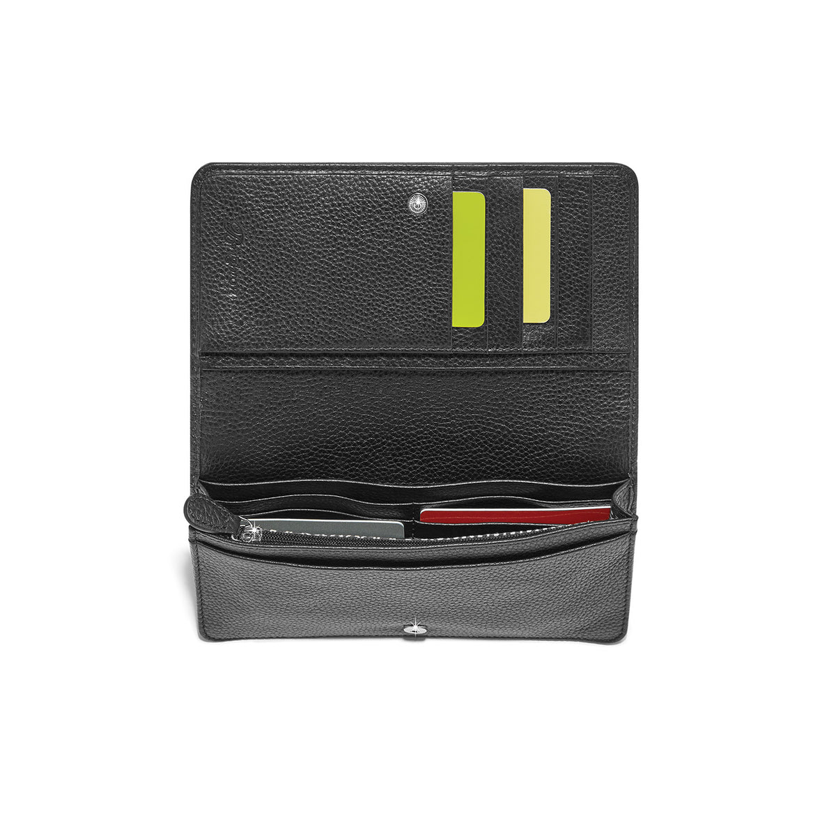 Open black leather Interlok Braid Rockmore Wallet showing interior card slots and pockets.