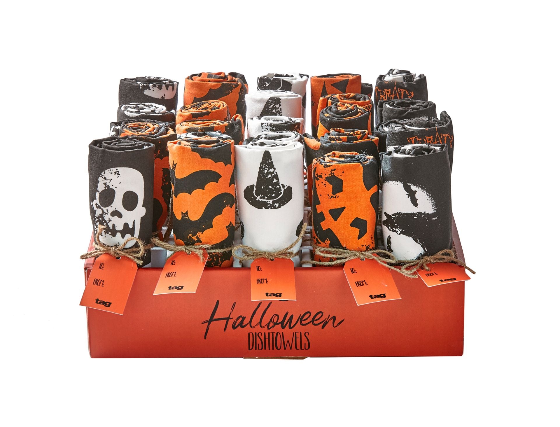 Assorted Halloween dishtowels with skull, bat, witch hat, and pumpkin designs in a display box.