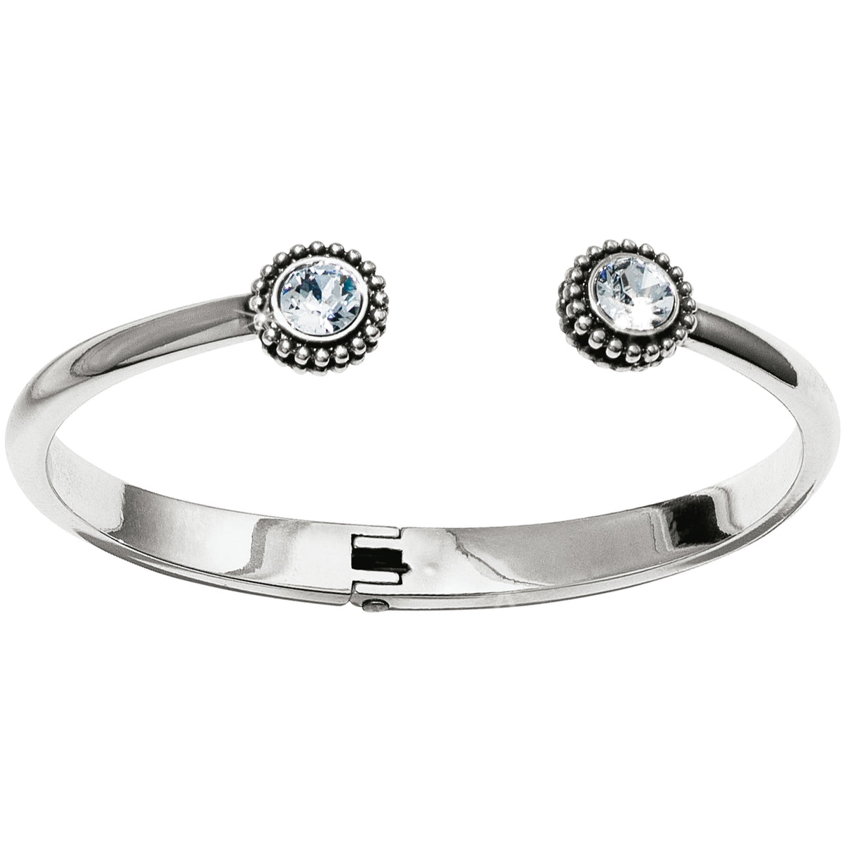 Silver hinged bangle bracelet featuring fine-quality crystals with a polished finish.