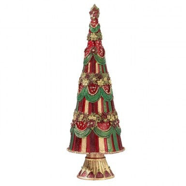 Resin Beribboned Feliz Tree with red, green, and gold vertical stripes and scalloped ribbon accents.