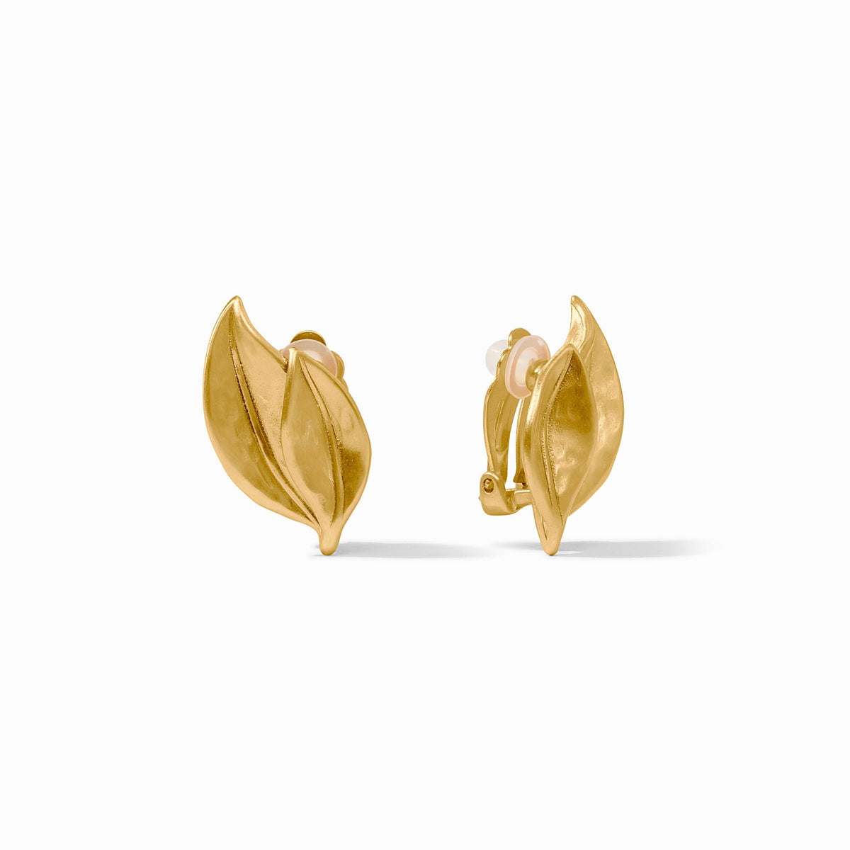 Gold-tone clip-on earrings shaped like abstract willow leaves.
