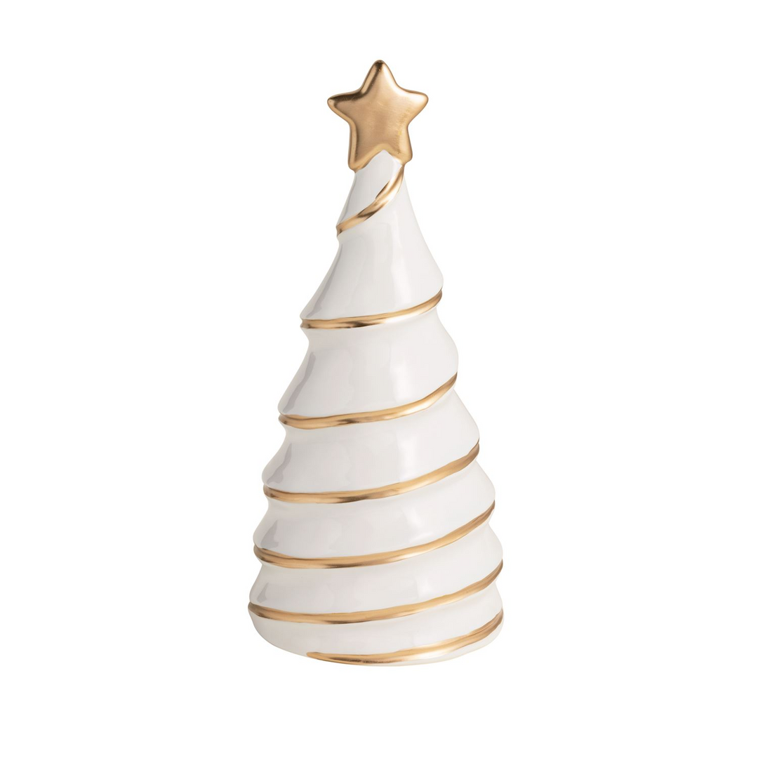 White stoneware Christmas tree sitter with hand-painted gold spiral accents and a gold star topper.