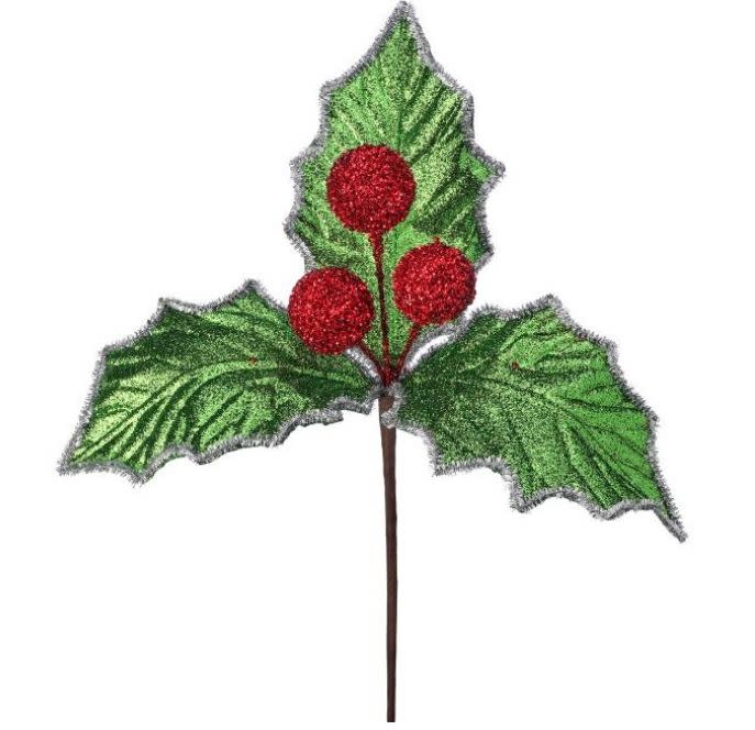 14 inch glitter retro holly berry pick with three green tinsel leaves and three red sequin berries.