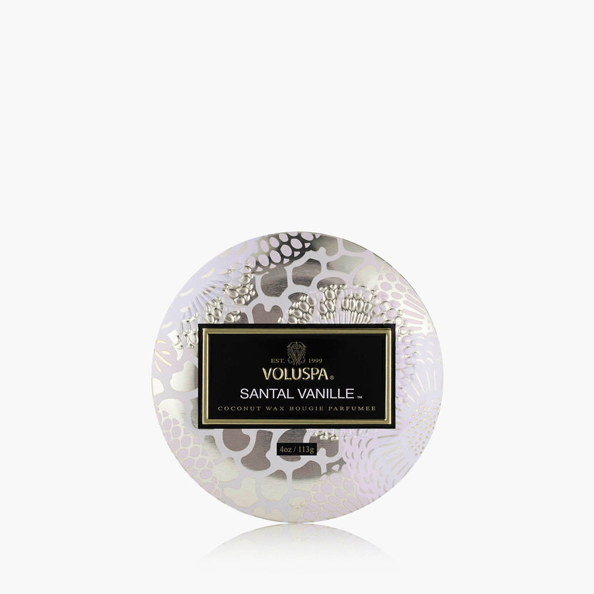 Santal Vanille Mini Tin candle in a small metallic tin with natural wick.