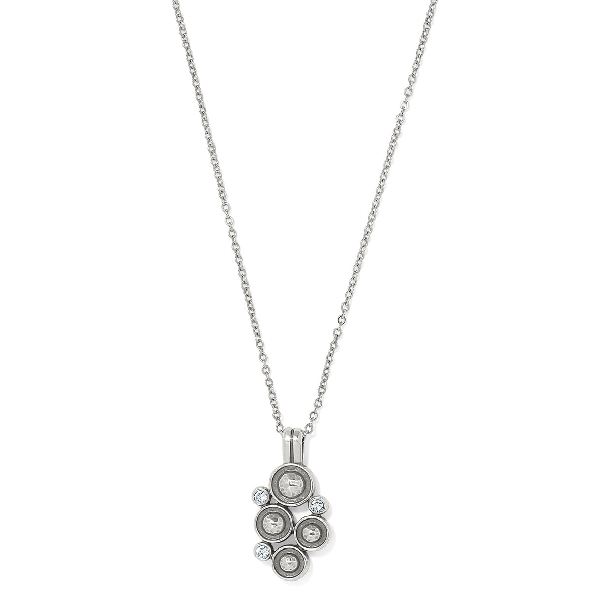 Silver plated necklace with adjustable chain featuring a cluster of fine quality crystals.