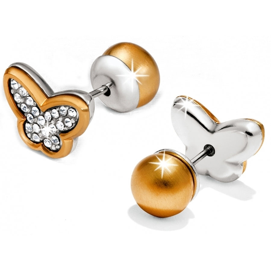 Reversible butterfly post earrings with silver-plated brushed gold finish featuring fine quality crystal accents.