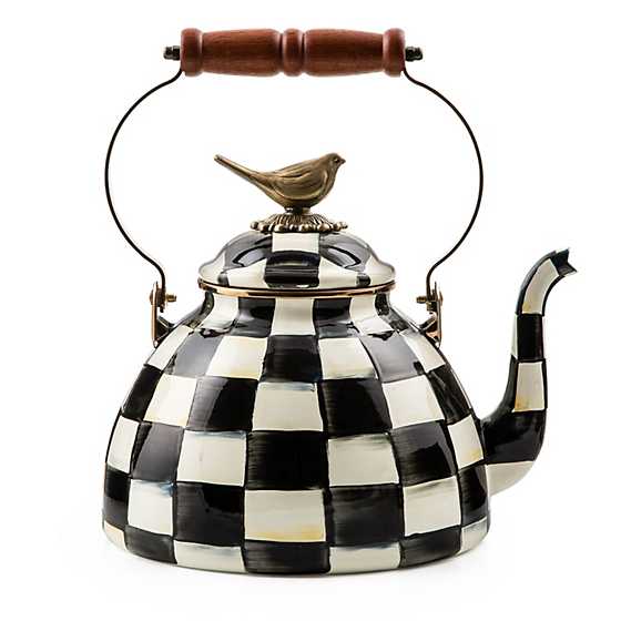 Courtly Check enamel tea kettle with bird motif in blue check pattern