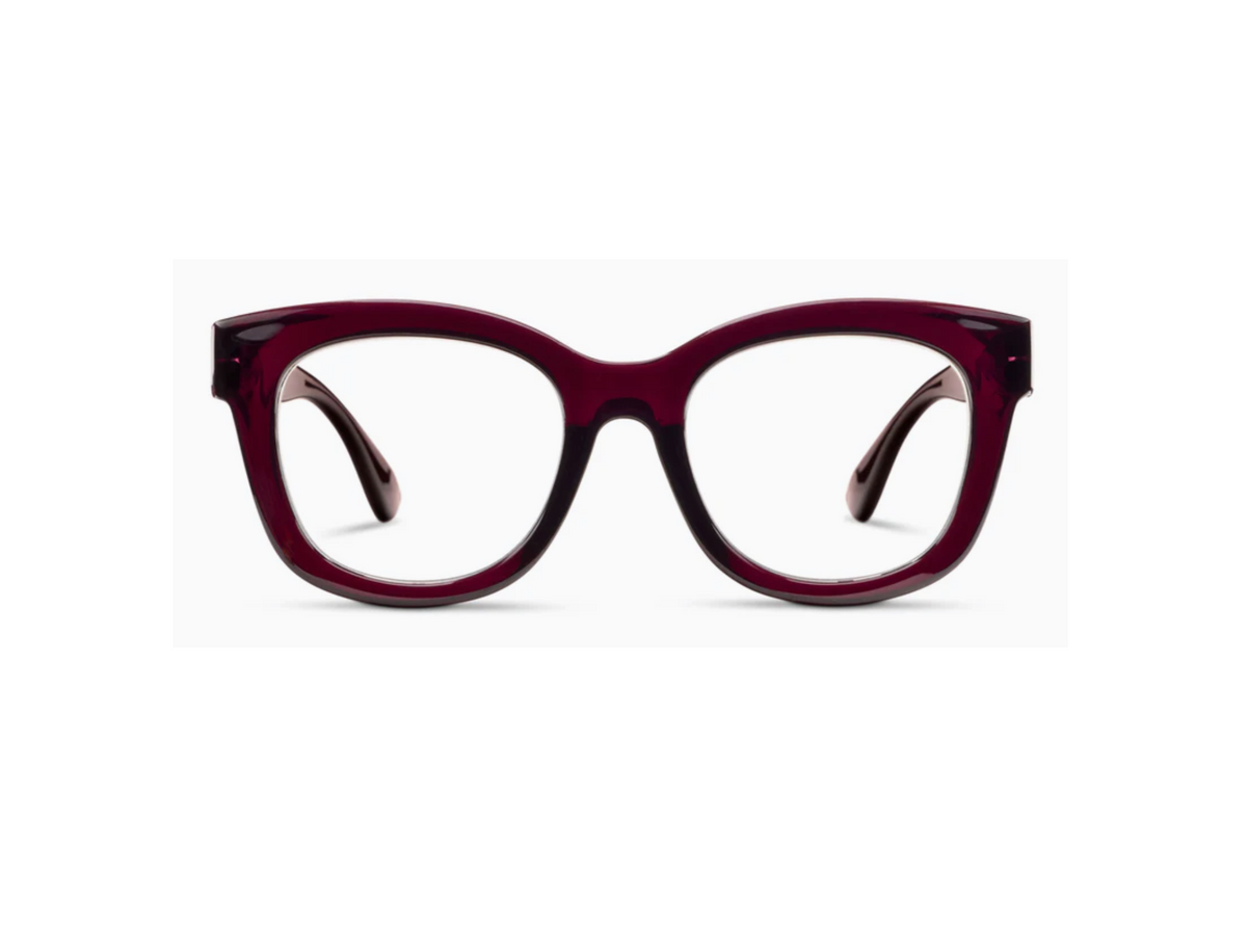 Center Stage Focus oversized cat-eye glasses with thick burgundy frames and clear lenses.