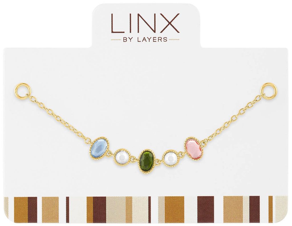 Gold chain LINX add-on with five oval stones in blue, white, green, and pink on a display card.