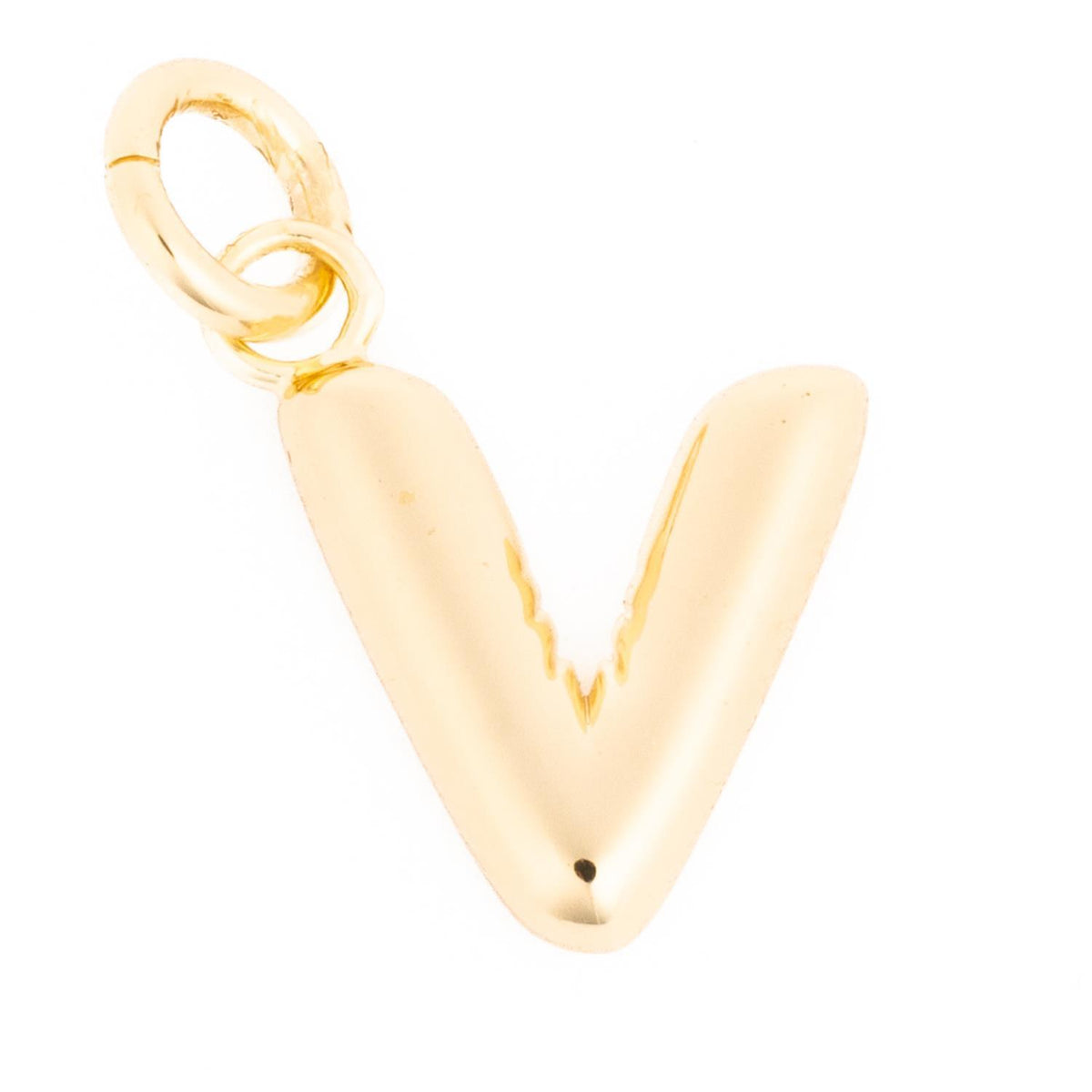 Gold-toned puffy letter V charm with a small bail and jump ring.