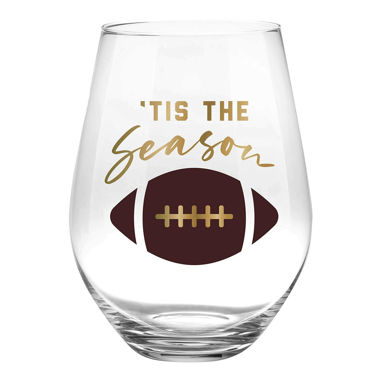 Stemless jumbo wine glass featuring gold 'Tis the Season text and a brown football graphic.