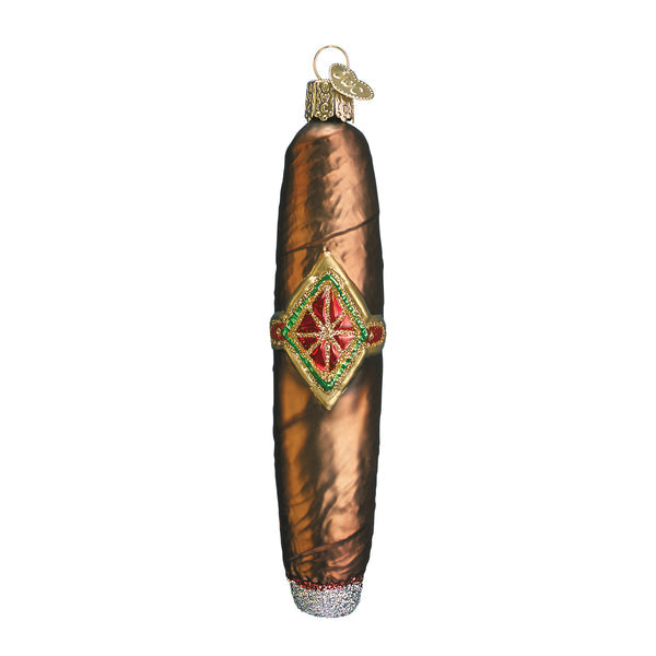 Glass cigar Christmas ornament with a brown body, decorative gold band, and silver glitter ash tip.