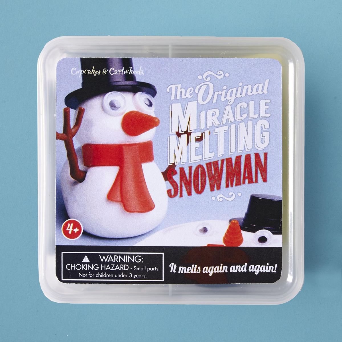 Miracle Melting Snowman kit in a clear square gift box featuring a snowman and accessories.