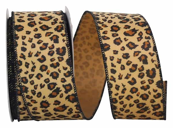 Jaguar print plush furry wired edge ribbon, 2.5 inches wide, on a spool.