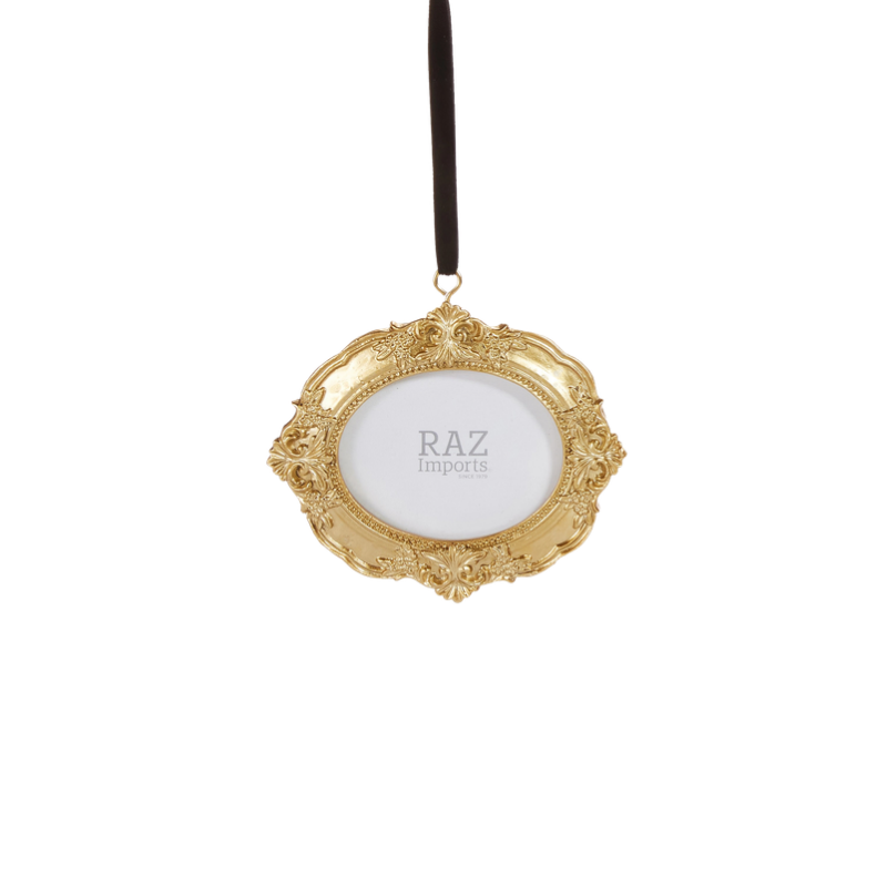 6-inch gold vintage-style oval photo frame ornament with a black velvet hanging ribbon.