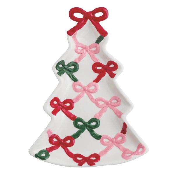 Tree-shaped ceramic platter with hand-painted red, pink, and green bows and in-mold texture.