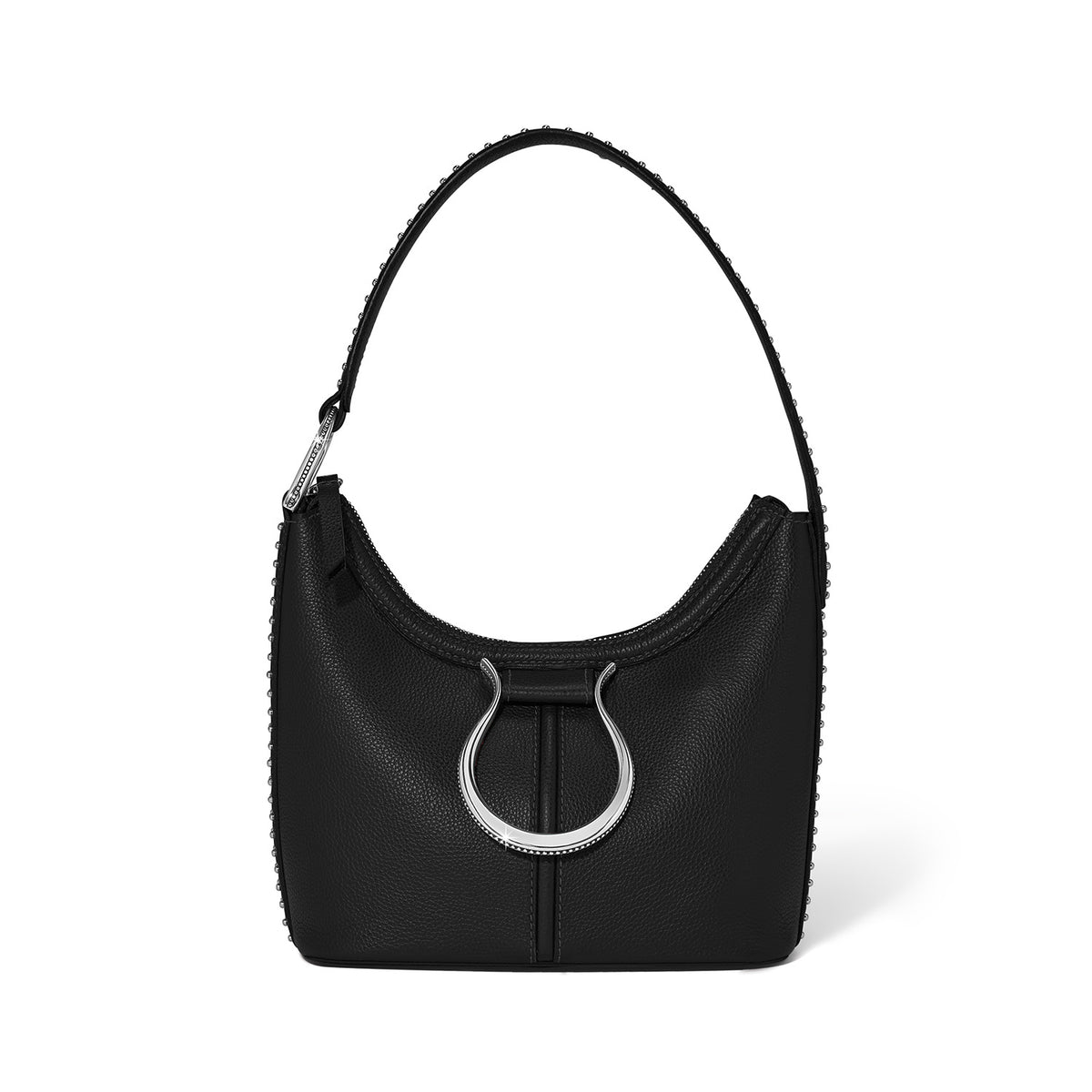 Black leather small shoulder bag with silver horseshoe hardware and studded strap detailing.