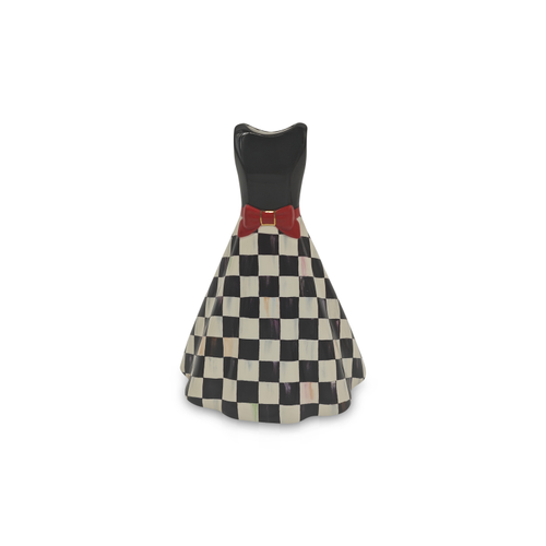 Mon Cheri Short Dress Vase with a black bodice, red bow, and black and white checkered skirt.