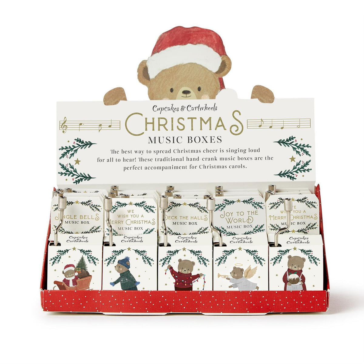 Wooden Christmas music box unit with countertop display featuring festive holiday theme.