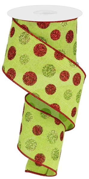 Lime green ribbon with red and green glitter polka dots and a red wired edge.