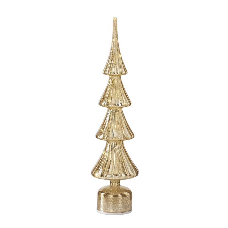 Rotating ribbed gold mercury glass LED Christmas tree with a mottled finish and tiered design.