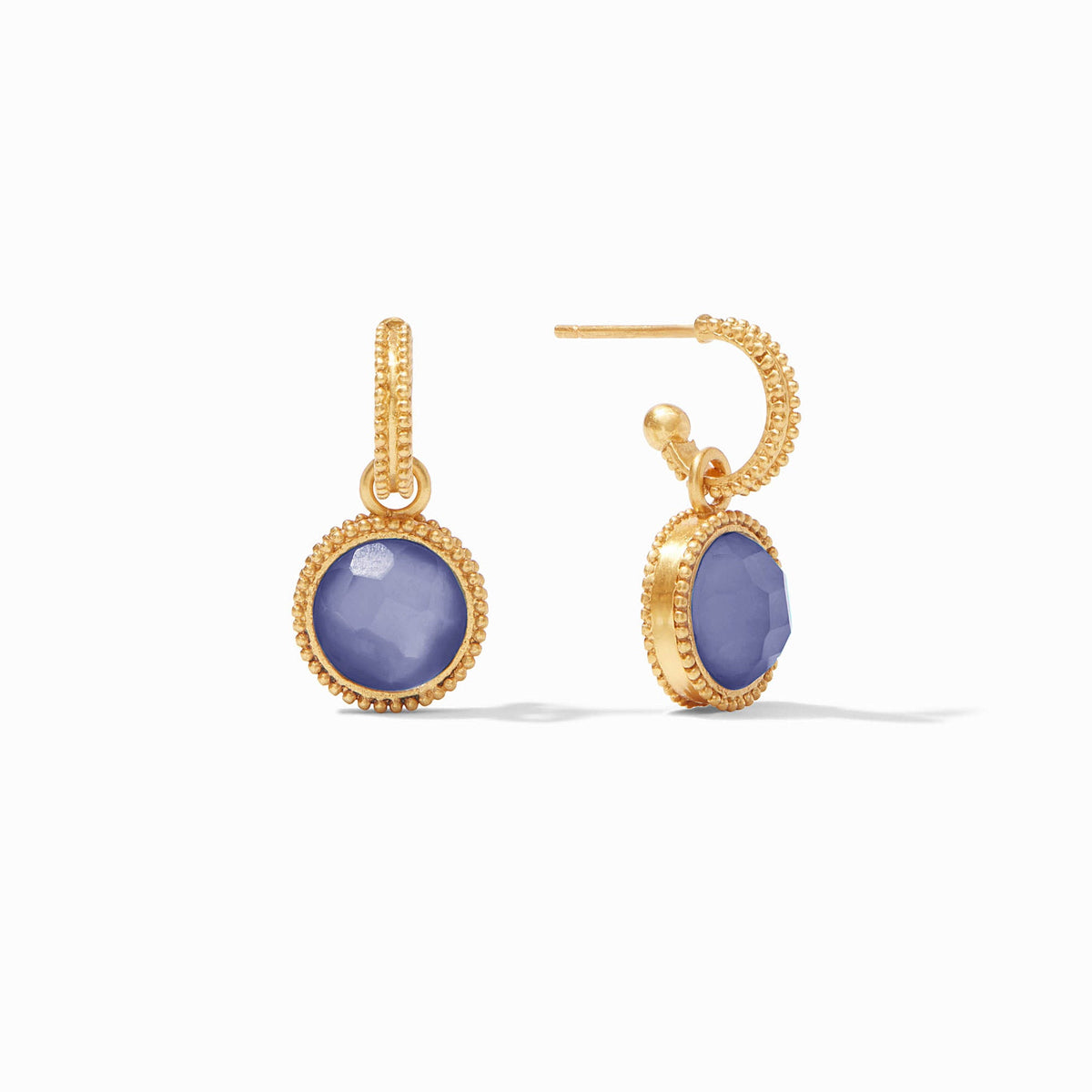 Fleur-de-Lis gold hoop earrings with reversible round blue glass and mother of pearl charms.