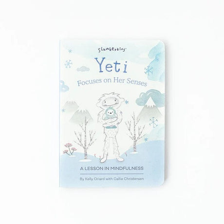Yeti Focuses on Her Senses board book by Slumberkins, featuring a yeti in a snowy landscape.
