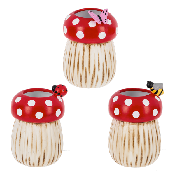 Set of three red and white mushroom planters with a butterfly, ladybug, and bee accent.