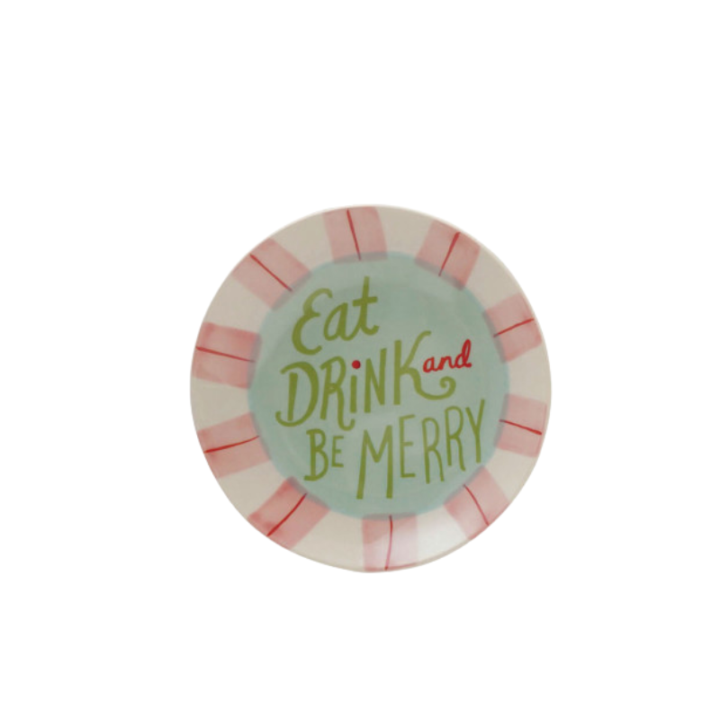 Round stoneware holiday dish with red striped rim and green 'Eat DRINK and BE MERRY' text.